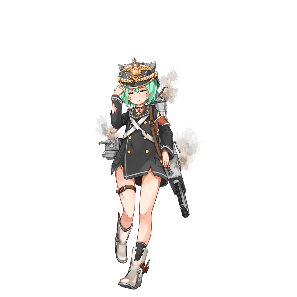 15k 1girl anchor armband bare_legs black_jacket black_legwear blush_stickers boots bottomless buttons cannon closed_eyes closed_mouth collar damaged double-breasted green_hair hand_on_headwear helmet jacket machinery mole mole_under_eye official_art pickelhaube pocket short_hair smoke smokestack socks solo standing standing_on_one_leg tears thigh_strap torn_clothes torpedo transparent_background turret white_boots z21_wilhelm_heidkamp_(zhan_jian_shao_nyu) zhan_jian_shao_nyu