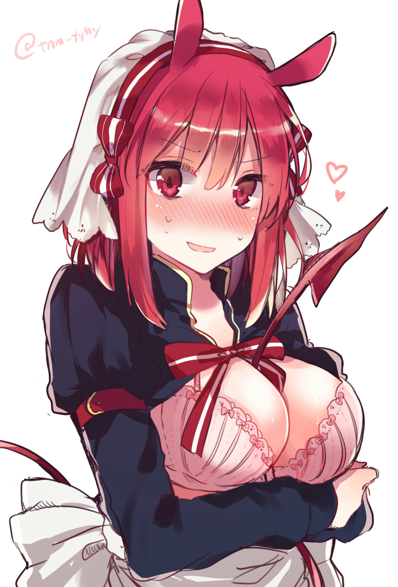 1girl apron between_breasts blush bra breasts breasts_outside cleavage demon_tail hair_ribbon hairband heart horns large_breasts looking_at_viewer maid pink_bra red_eyes redhead ribbon short_hair simple_background solo sweatdrop tail tanuma_(tyny) twitter_username underwear veil waist_apron white_background