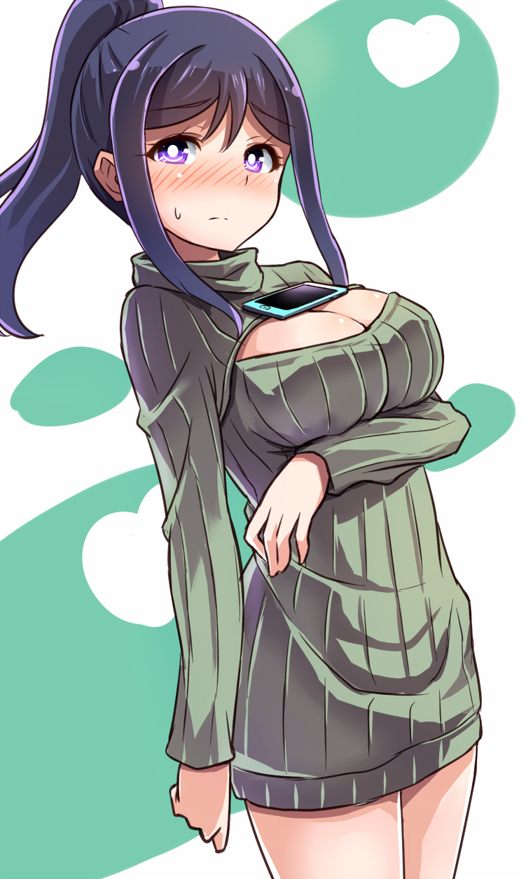 1girl blue_hair blush breast_lift breasts cellphone cleavage cleavage_cutout embarrassed frown highres long_hair long_sleeves looking_at_viewer love_live! love_live!_sunshine!! matsuura_kanan no_pants object_on_breast open-chest_sweater phone ponytail ribbed_sweater shikei_(jigglypuff) sidelocks smartphone solo sweatdrop sweater tawawa_challenge violet_eyes