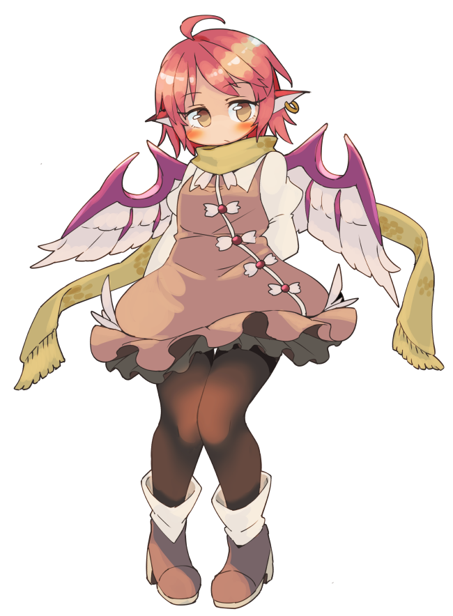 1girl ahoge animal_ears black_legwear boots brown_boots brown_dress brown_eyes brown_scarf commentary_request dress frilled_dress frills full_body high_heels ini_(inunabe00) jewelry juliet_sleeves knees_together_feet_apart long_sleeves looking_at_viewer mystia_lorelei no_hat no_headwear pantyhose pigeon-toed pink_hair puffy_sleeves short_hair simple_background single_earring solo touhou white_background wings