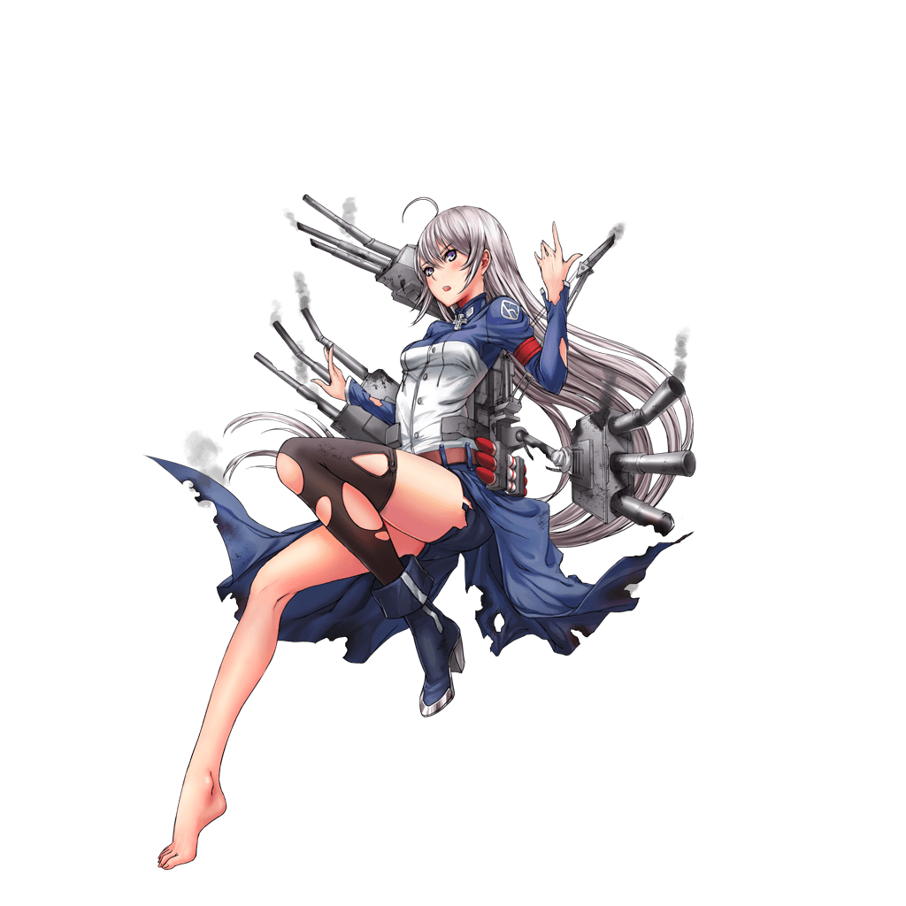 1girl ahoge arm_up armband belt black_legwear blue_boots blue_coat blue_eyes blue_shorts boots breasts broken buttons cannon coat crane damaged eyebrows eyebrows_visible_through_hair full_body infukun iron_cross karlsruhe_(zhan_jian_shao_nyu) long_hair long_sleeves looking_at_viewer machinery official_art open_mouth shorts silver_hair single_shoe single_thighhigh smoke solo thigh-highs torn_clothes torpedo transparent_background turret very_long_hair zhan_jian_shao_nyu