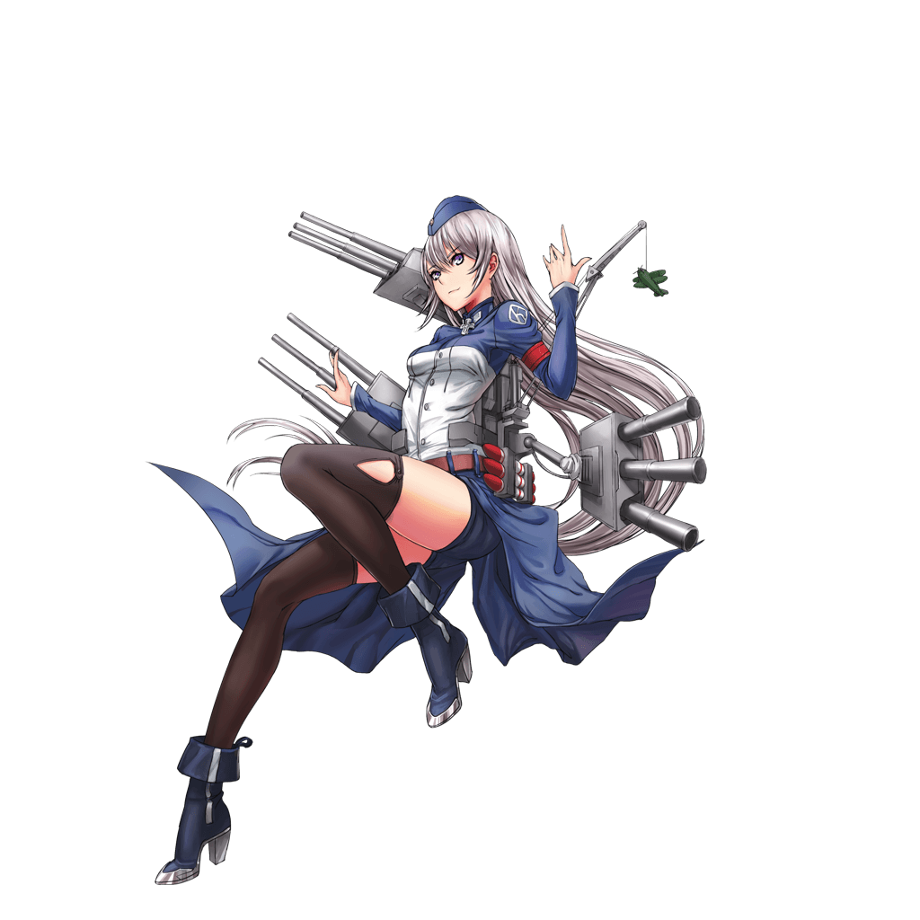 1girl aircraft airplane arm_up armband belt biplane black_legwear blue_boots blue_coat blue_eyes blue_hat blue_shorts boots breasts buttons cannon closed_mouth coat crane eyebrows eyebrows_visible_through_hair full_body garrison_cap hat infukun iron_cross karlsruhe_(zhan_jian_shao_nyu) long_hair long_sleeves looking_at_viewer machinery official_art shorts silver_hair smile solo thigh-highs torpedo transparent_background turret very_long_hair zhan_jian_shao_nyu