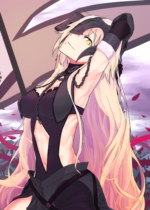 1girl arm_behind_head arm_up armpits banner blonde_hair breasts chain elbow_gloves fate/grand_order fate_(series) gloves headpiece i-pan jeanne_alter long_hair looking_at_viewer medium_breasts navel_cutout ruler_(fate/apocrypha) smile solo thorns very_long_hair yellow_eyes