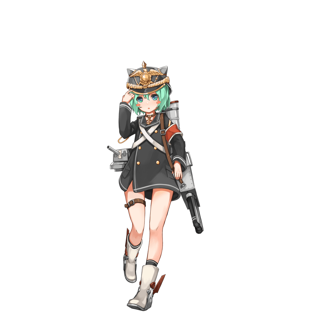 15k 1girl anchor armband bare_legs black_jacket black_legwear blue_eyes blush_stickers boots bottomless buttons cannon collar double-breasted green_hair hand_on_headwear helmet jacket looking_at_viewer machinery mole mole_under_eye official_art open_mouth pickelhaube pocket short_hair smokestack socks solo standing standing_on_one_leg thigh_strap torpedo transparent_background turret white_boots z21_wilhelm_heidkamp_(zhan_jian_shao_nyu) zhan_jian_shao_nyu