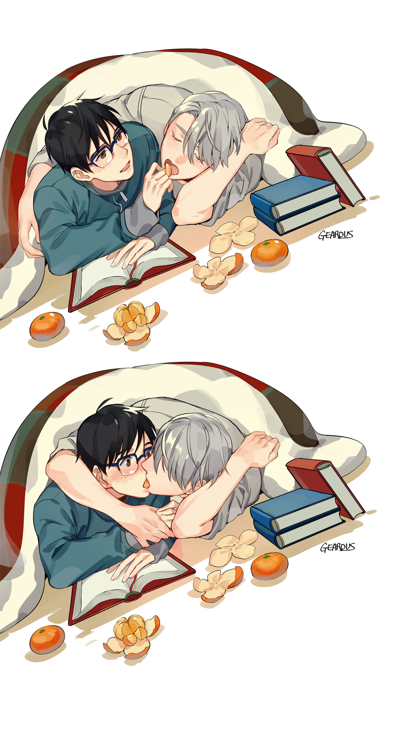 2boys blanket blush book feeding food fruit gearous highres katsuki_yuuri kiss male_focus mandarin_orange multiple_boys viktor_nikiforov yaoi yuri!!!_on_ice