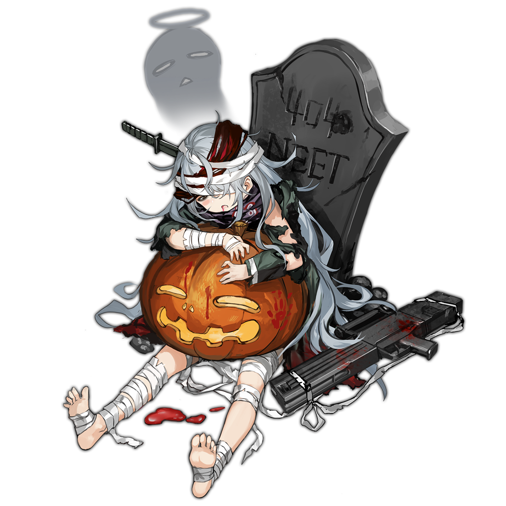 assault_rifle bags_under_eyes bandages blood blush_stickers g11 g11_(girls_frontline) girls_frontline gun jacket knife looking_at_viewer official_art pumpkin rifle tombstone torn_clothes weapon