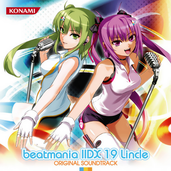 2girls album_cover armpits ass asymmetrical_gloves aura back-to-back bangs bare_shoulders beatmania beatmania_iidx bike_shorts black_shorts body_offscreen bow breasts cable choker company_name copyright_name cover earphones ears eyebrows eyebrows_visible_through_hair eyes fingerless_gloves fingernails fingers fringe gloves green_eyes green_hair hair_between_eyes hair_bow hair_ornament hands head_to_head holding holding_microphone kitami_erika konami long_hair looking_at_viewer looking_to_the_side microphone microphone_stand mizushiro_celica multiple_girls music number official_art one_leg_raised open_eyes open_mouth out_of_frame outstretched_arm purple_hair red_ribbon ribbon shiny shiny_hair shirt shorts singing small_breasts smile standing star striped striped_legwear t-shirt teeth text thigh-highs thighs tongue twintails vinyl_record violet_eyes white_gloves white_legwear white_shirt