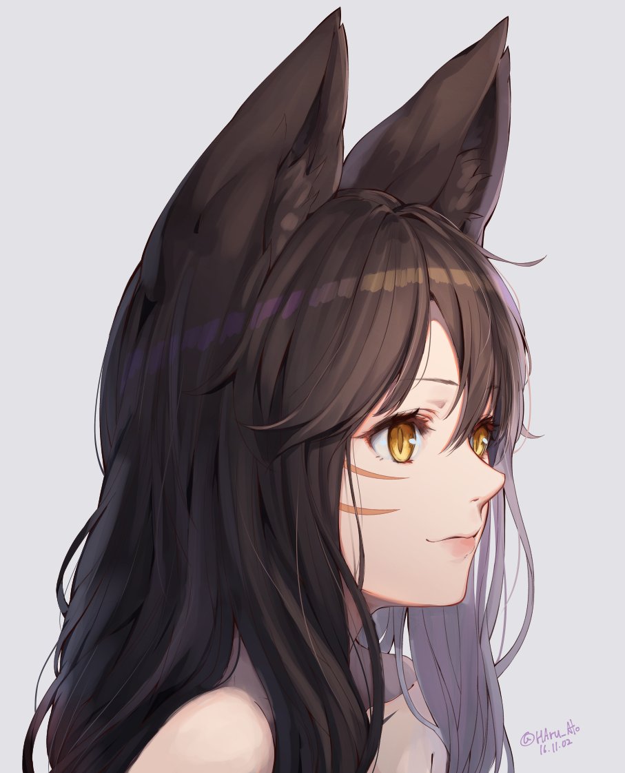 1girl ahri animal_ears ato_(haru_ato) brown_hair closed_mouth collarbone dated fox_ears from_side grey_background hair_between_eyes league_of_legends lips long_hair simple_background solo twitter_username whisker_markings yellow_eyes