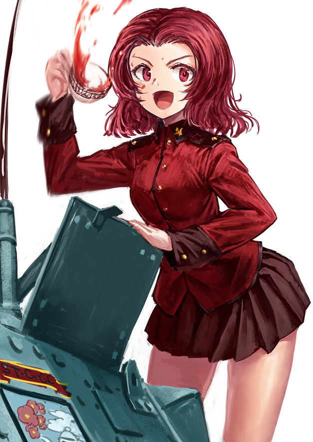 1girl bangs black_skirt brown_eyes crusader_(tank) cup girls_und_panzer ground_vehicle holding jacket lain long_sleeves looking_at_viewer military military_uniform military_vehicle miniskirt motor_vehicle open_mouth parted_bangs pleated_skirt red_jacket redhead rosehip short_hair simple_background skirt smile solo spilling st._gloriana's_(emblem) standing tank teacup uniform white_background