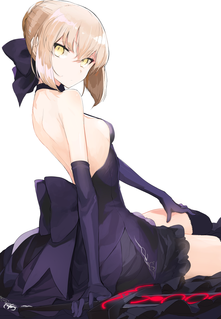 1girl bare_shoulders black_dress black_gloves black_legwear blonde_hair breasts dark_excalibur dress elbow_gloves fate/grand_order fate/stay_night fate_(series) gloves highres looking_at_viewer miruto_netsuki saber saber_alter sideboob simple_background sitting sleeveless sleeveless_dress solo sword thigh-highs weapon white_background yellow_eyes