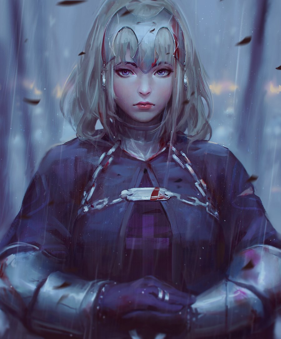 1girl armor black_gloves blonde_hair blood bloody_clothes breasts fate/grand_order fate_(series) gloves guweiz headpiece jeanne_alter jewelry looking_at_viewer rain ring ruler_(fate/apocrypha) short_hair solo torn_clothes violet_eyes yellow_eyes