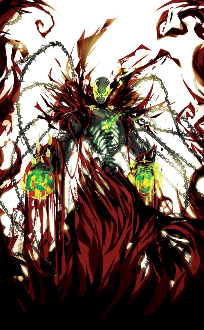 cape chain demon glowing glowing_eyes green_eyes magic skeleton skull spawn spawn_(spawn) spikes superhero