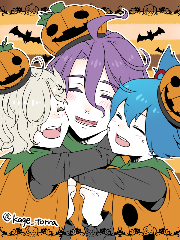 3boys ^_^ bat blue_hair closed_eyes freckles gokotai hair_over_one_eye halloween hug jack-o'-lantern kagetora kasen_kanesada male_focus multiple_boys open_mouth pumpkin_costume purple_hair sayo_samonji smile touken_ranbu twitter_username white_hair