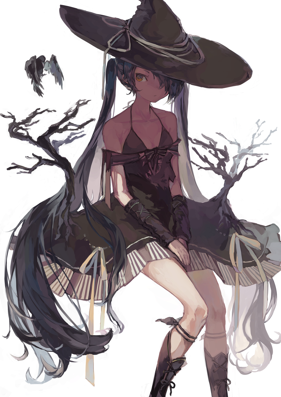 1girl arm_warmers bird black_dress black_hair boots branch brown_boots cross-laced_footwear crow dress hat highres long_hair multicolored_hair orange_eyes original simple_background sitting solo suzukami tree twintails very_long_hair white_background white_hair witch_hat