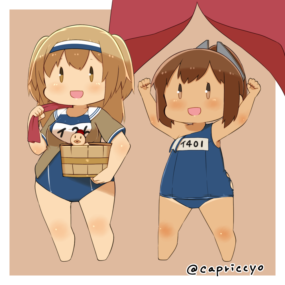 2girls brown_eyes brown_hair bucket capriccyo chibi hairband i-26_(kantai_collection) i-401_(kantai_collection) kantai_collection light_brown_eyes light_brown_hair long_hair multiple_girls name_tag new_school_swimsuit noren old_school_swimsuit ponytail rubber_duck sailor_collar school_swimsuit short_ponytail short_sleeves standing swimsuit swimsuit_under_clothes tan tanline towel two-tone_hairband two_side_up