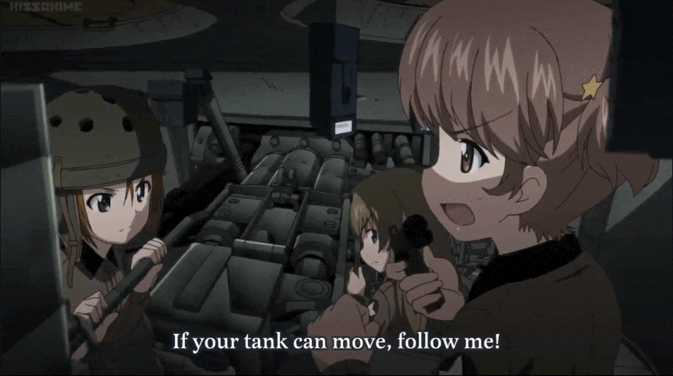 &gt;_&lt; alisa_(girls_und_panzer) animated animated_gif bangs blonde_hair brown_eyes brown_hair clenched_teeth closed_eyes fangs freckles girls_und_panzer grimace ground_vehicle hair_ornament helmet helmet-chan_(girls_und_panzer) jacket long_hair m4_sherman military military_uniform military_vehicle motor_vehicle multiple_girls screencap short_twintails star star_hair_ornament subtitled tank tank_interior tears teeth twintails uniform