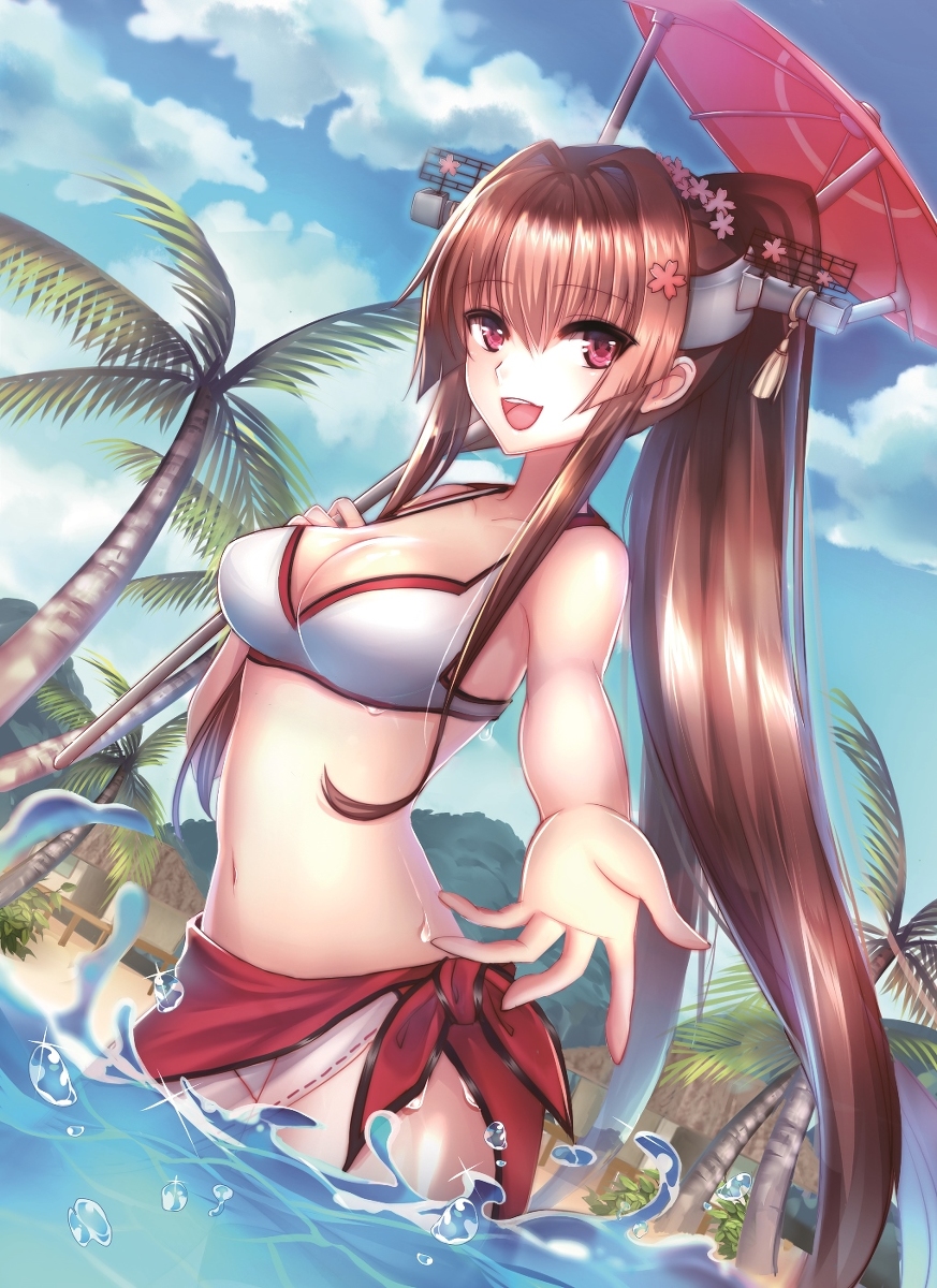 1girl :d beach bikini breasts brown_hair cherry_blossoms cleavage flower hair_flower hair_ornament headgear highres kantai_collection large_breasts long_hair looking_at_viewer meaomao midriff navel ocean open_mouth oriental_umbrella outstretched_hand palm_tree partially_submerged ponytail sarong smile solo swimsuit tree umbrella very_long_hair violet_eyes white_bikini yamato_(kantai_collection)