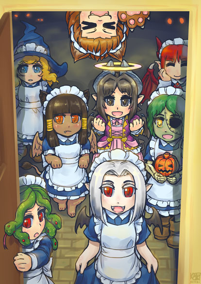 &gt;_&lt; 6+girls :3 :d ^_^ animal_ears bat_wings blonde_hair blue_eyes brown_hair child closed_eyes dragon_wings fang_out fangs green_hair halloween halo hat horns kensaint looking_at_viewer maid maid_headdress monster_girl multiple_girls open_mouth orange_eyes original paws peeking_out pointy_ears pumpkin red_eyes redhead skirt_hold smile snake_hair stitches tail upside-down white_hair wings witch_hat xd yellow_eyes