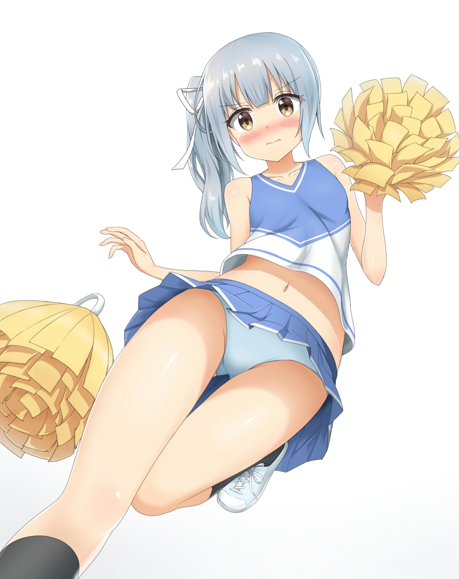 1girl alternate_costume bare_arms bare_shoulders black_legwear blue_hair blue_panties blush brown_eyes cheerleader closed_mouth collarbone commentary_request embarrassed eyebrows eyebrows_visible_through_hair hair_ribbon kantai_collection kasumi_(kantai_collection) navel nedia_r panties pantyshot pom_poms ribbon shoes side_ponytail simple_background solo underwear white_background