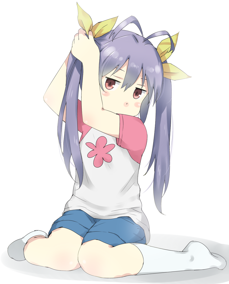 1girl adjusting_hair antenna_hair blush_stickers gedou_(ge_ge_gedou) hair_ribbon jitome long_hair miyauchi_renge non_non_biyori pink_eyes purple_hair ribbon shirt shorts simple_background sitting socks solo t-shirt twintails