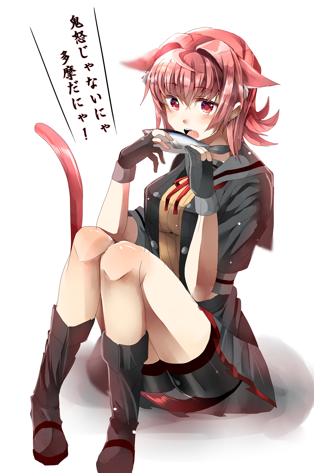 1girl alternate_eye_color alternate_hair_color animal_ears black_gloves blush breasts cat_ears cat_tail commentary_request fang fish flipped_hair gloves highres kantai_collection kinu_(kantai_collection) looking_at_viewer medium_breasts open_mouth partly_fingerless_gloves red_eyes redhead sameya school_uniform serafuku short_hair solo tail tama_(kantai_collection) translation_request white_background