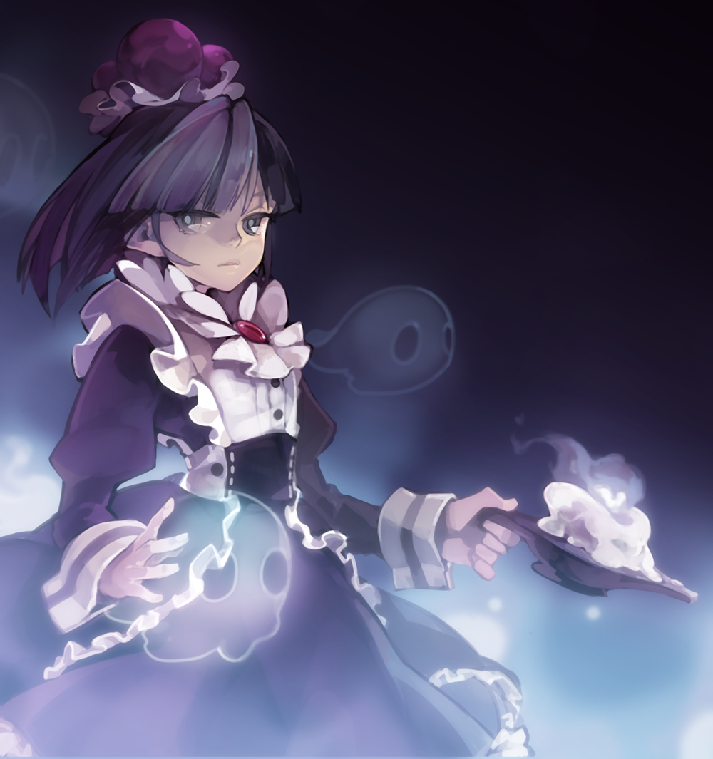 1girl black_hair blackberry_cookie blue_eyes blue_fire candle closed_mouth cookie_run dress fire frills ghost holding juliet_sleeves long_sleeves puffy_sleeves wrist_cuffs zorim