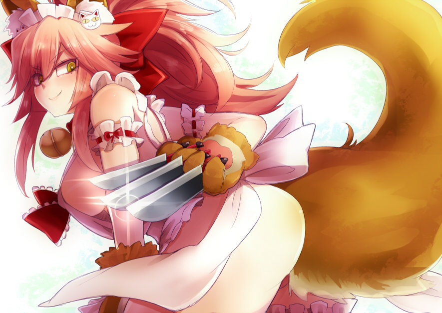 &gt;:) 1girl animal_ears apron arm_cuffs bell blush bow breasts cat_hair_ornament cat_paws claw_(weapon) closed_mouth fate/grand_order fate_(series) fox_ears fox_tail frills from_side gloves hair_bow hair_ornament jingle_bell knife leaning_forward long_hair looking_at_viewer looking_to_the_side maid_headdress medium_breasts naked_apron no_panties paw_gloves paws pink_hair ponytail red_bow sideboob smile solo tail tamamo_(fate)_(all) tamamo_cat_(fate) weapon yellow_eyes yude
