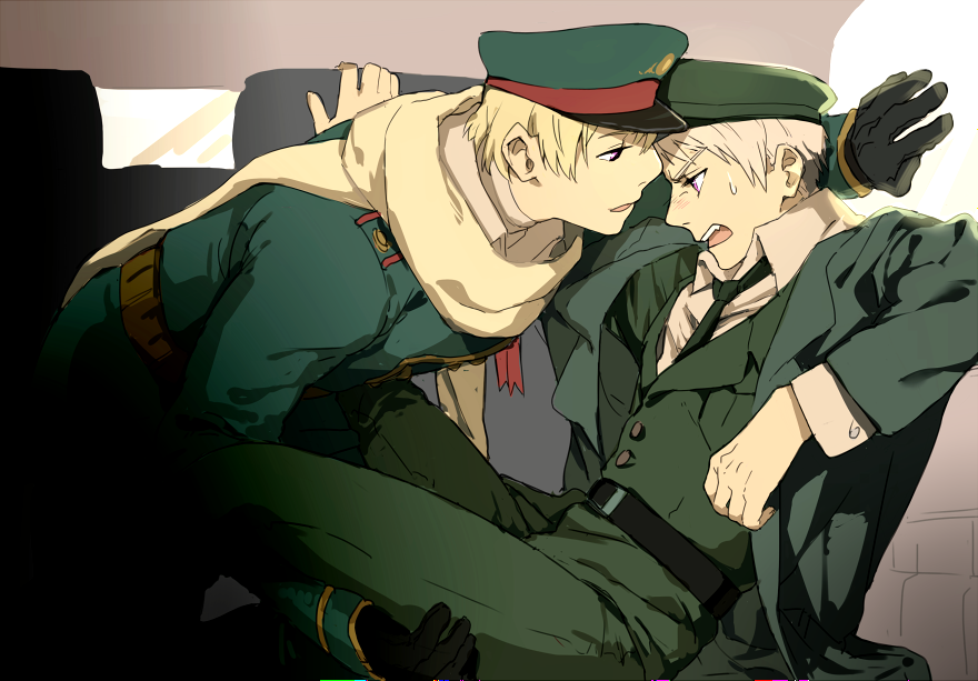 2boys axis_powers_hetalia black_gloves dashi_(minzoku_gb) gloves green_necktie hand_on_thigh hat male_focus military military_hat military_uniform multiple_boys necktie open_mouth peaked_cap prussia_(hetalia) russia_(hetalia) scarf uniform violet_eyes yaoi