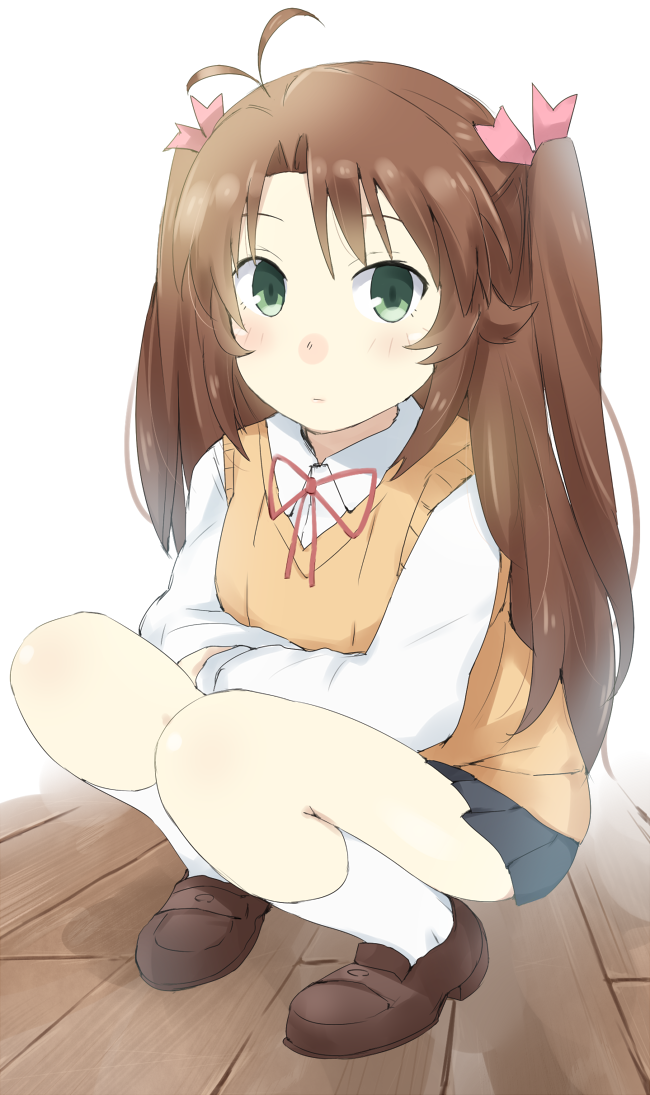 1girl blush_stickers brown_hair brown_shoes expressionless gedou_(ge_ge_gedou) green_eyes hair_ribbon koshigaya_komari loafers long_hair looking_at_viewer non_non_biyori ribbon school_uniform shoes skirt socks solo squatting twintails wooden_floor