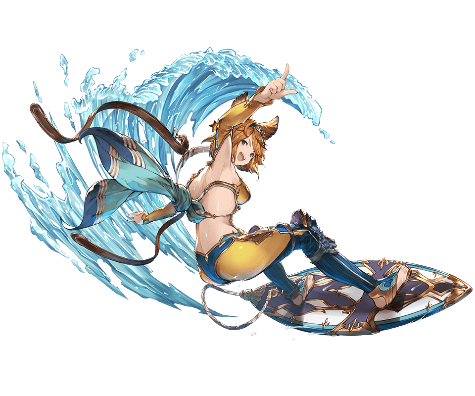 1girl animal_ears brown_hair erun_(granblue_fantasy) full_body granblue_fantasy green_eyes hairband looking_at_viewer looking_back minaba_hideo open_mouth simple_background skin_tight smile solo surf surfboard surfing water white_background