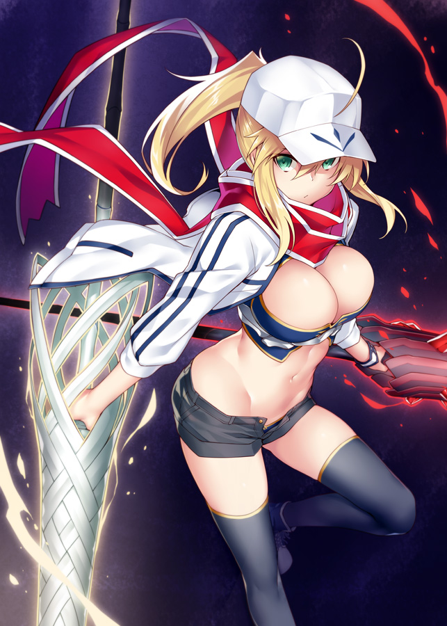 1girl ahoge ankle_boots armor baseball_cap black_boots black_legwear blonde_hair blue_clothes blue_panties boots breasts cleavage closed_mouth commentary_request crop_top cross-laced_footwear dual_wielding fate/grand_order fate_(series) from_above glowing green_eyes groin hair_between_eyes hat heroine_x heroine_z hip_bones holding holding_weapon jacket knee_up lace-up_boots lance large_breasts leg_up long_hair looking_at_viewer midriff navel open_clothes open_fly open_jacket open_shorts panties polearm ponytail red_scarf rhongomyniad saber scarf short_shorts shorts sidelocks skindentation sleeves_past_elbows solo spear standing standing_on_one_leg strapless thigh-highs thighs track_jacket tubetop unbuttoned underwear weapon white_hat white_jacket yuu_(amadoki)