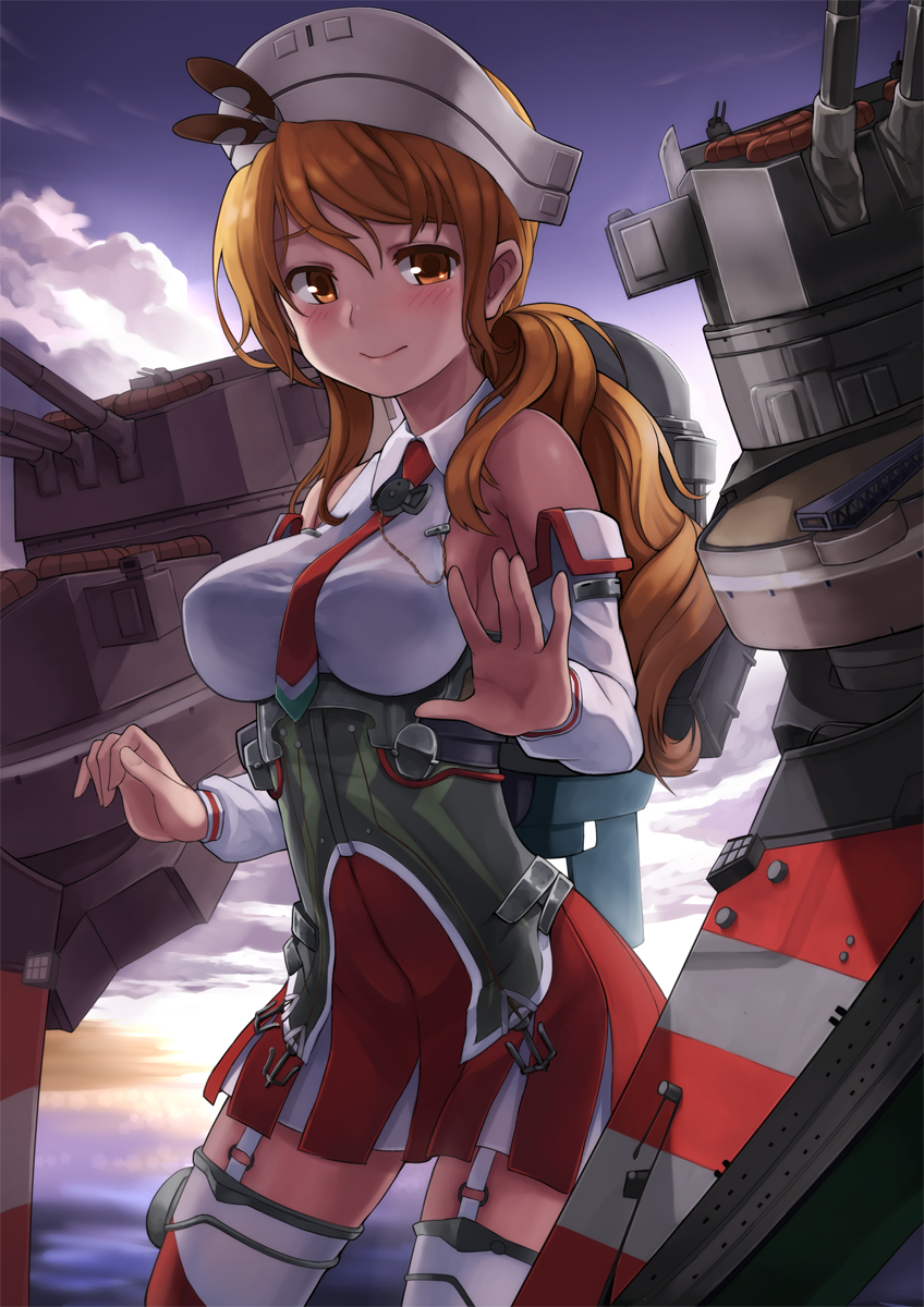 1girl bare_shoulders blush breasts brown_eyes brown_hair delta_monster detached_sleeves garter_straps headdress highres kantai_collection large_breasts littorio_(kantai_collection) long_hair looking_at_viewer machinery miniskirt necktie pleated_skirt shirt skirt sleeveless sleeveless_shirt smile solo thigh-highs turret wavy_hair zettai_ryouiki