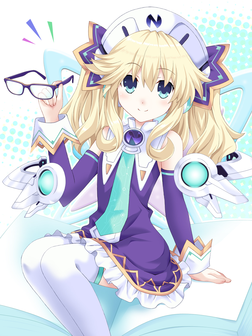 1girl blonde_hair blue_eyes book glasses glasses_removed hair_ornament hat highres histoire kagura_ittou long_hair looking_at_viewer neptune_(series) smile solo twintails wings