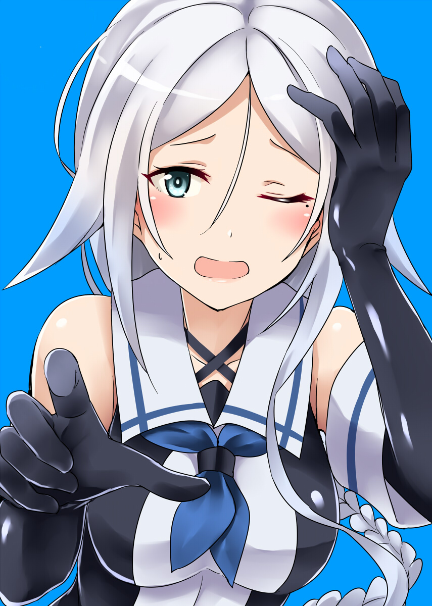 1girl black_gloves blue_background blue_eyes breasts detached_sleeves gloves highres kamelie kantai_collection long_hair looking_at_viewer mole mole_under_eye one_eye_closed school_uniform serafuku silver_hair simple_background solo sweat umikaze_(kantai_collection)