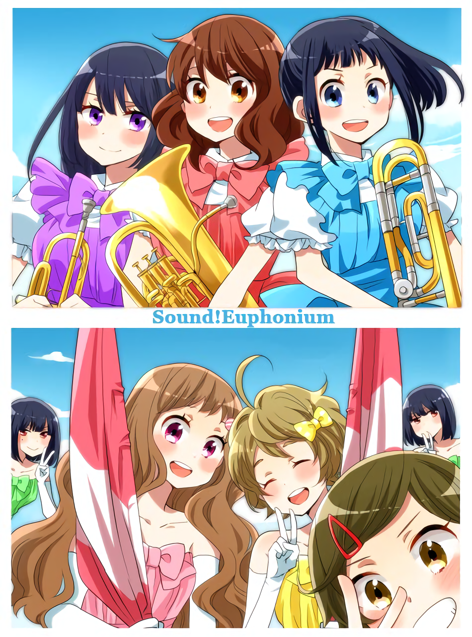 6+girls ahoge asada_nikki bare_shoulders black_hair blue_eyes bow bowtie brown_eyes brown_hair euphonium flag gloves hair_bow hair_ornament hairclip hibike!_euphonium highres instrument katou_hazuki kawashima_sapphire kousaka_reina long_hair multiple_girls nase_amika official_art oumae_kumiko red_eyes rikka_koukou_marching_band_e_youkoso saijou_kanon saijou_mion sasaki_azusa short_hair smile trombone trumpet v violet_eyes