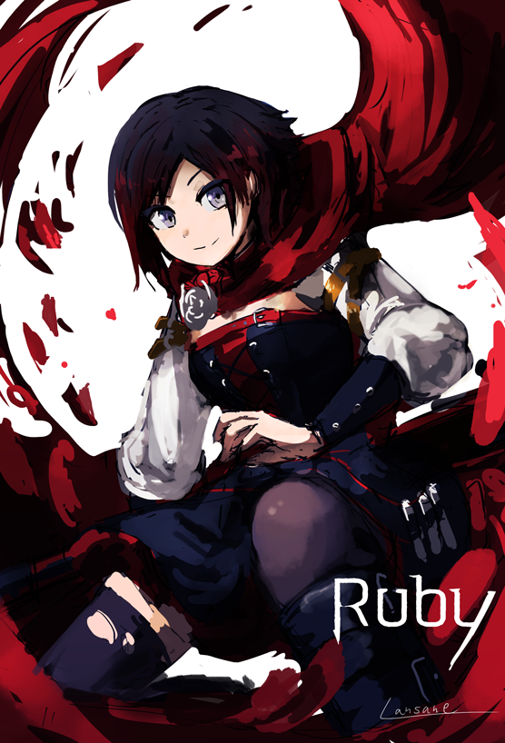 1girl cape character_name dress grey_eyes lansane long_sleeves redhead ruby_rose rwby short_hair smile solo thigh-highs torn_clothes torn_thighhighs white_background