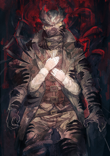 1boy 1girl black_hair blood bloodborne cloak covering hands hat hug hunter_(bloodborne) looking_at_viewer plain_doll scared short_hair solo spoilers yso_ac