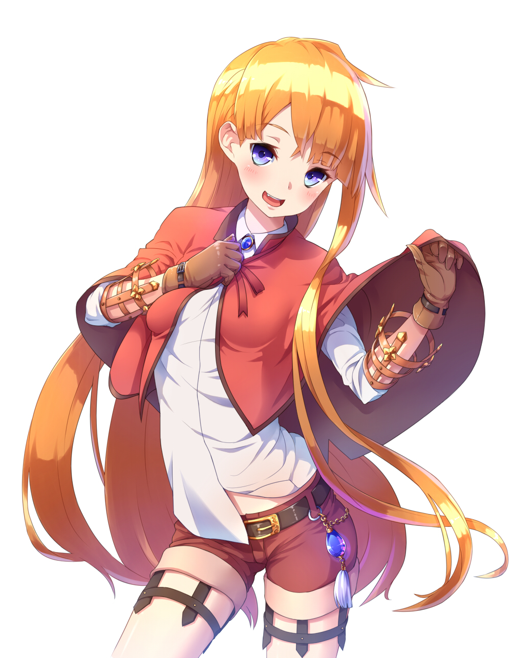 1girl belt blue_eyes blush brown_gloves capelet combat_s-ko fang gem gloves highres long_hair looking_at_viewer open_mouth orange_hair original shorts smile solo very_long_hair white_background