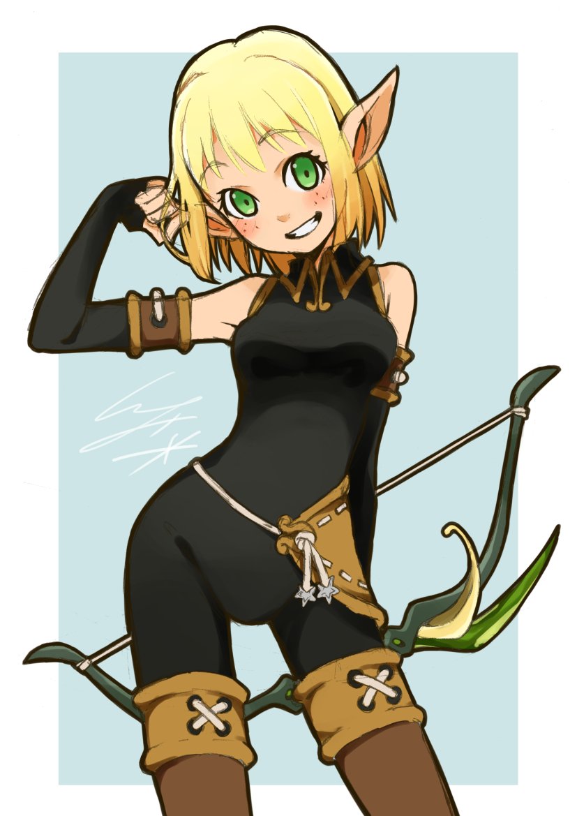 1girl arm_behind_back arm_up armpits blonde_hair blush boots bow_(weapon) breasts elbow_gloves evangelyne fingerless_gloves freckles gloves green_eyes grin groin io_naomichi pointy_ears short_hair smile solo thigh-highs thigh_boots wakfu weapon
