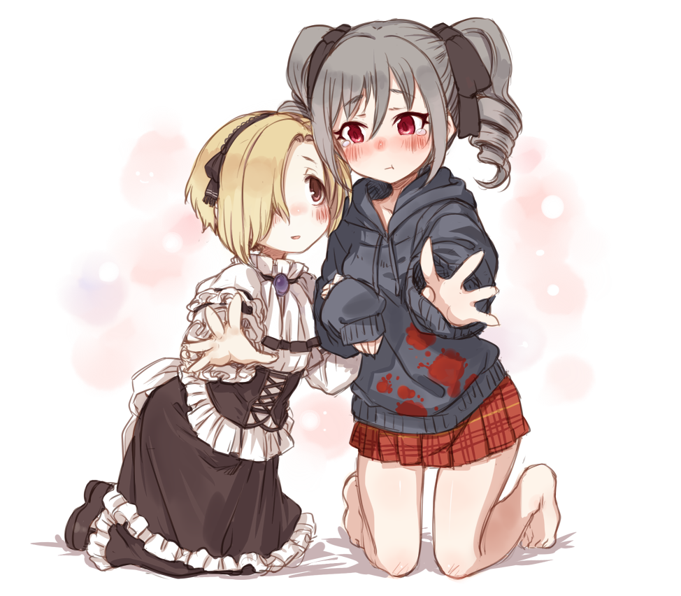 2girls 7010 :t bare_legs barefoot blonde_hair blood blood_splatter blush brown_eyes cosplay costume_switch drill_hair frills gothic_lolita grey_hair hair_over_one_eye hair_ribbon hairband height_difference hood hoodie idolmaster idolmaster_cinderella_girls kanzaki_ranko kanzaki_ranko_(cosplay) kneeling lolita_fashion multiple_girls outstretched_hand plaid plaid_skirt pout red_eyes red_skirt ribbon shirasaka_koume shirasaka_koume_(cosplay) short_hair skirt sleeves_past_wrists tears twin_drills twintails
