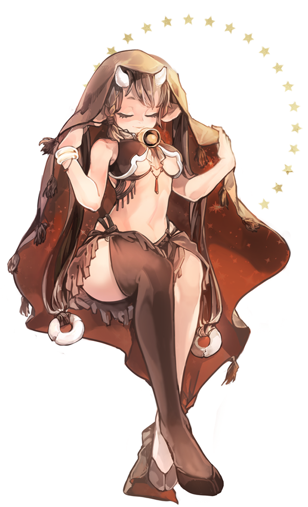 1girl animal_ears bangle bell blanket bracelet braid breasts brown_hair brown_legwear closed_eyes closed_mouth cow_ears cow_horns crossed_legs full_body horns jewelry long_hair medium_breasts navel o-ring original personification simple_background single_thighhigh sitting skirt smile solo sparkle star star_print taurus thigh-highs twin_braids twintails very_long_hair white_background zorim