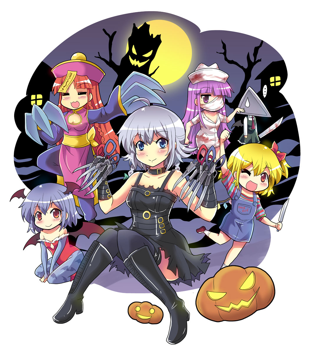 ... 6+girls arm_warmers bandaged_head bat_wings blonde_hair boots child's_play china_dress chinese_clothes choker chucky chucky_(cosplay) claws cleavage_cutout closed_eyes colonel_aki commentary dress edward_scissorhands edward_scissorhands_(cosplay) flandre_scarlet full_moon halloween hat highres holding holding_sword holding_weapon hong_meiling izayoi_sakuya jack-o'-lantern jiangshi knee_boots knee_up koakuma lavender_hair lei_lei lei_lei_(cosplay) leotard lilith_aensland lilith_aensland_(cosplay) long_hair long_sleeves moon multiple_girls nurse_(silent_hill) nurse_(silent_hill)_(cosplay) nurse_cap ofuda one_eye_closed one_eye_covered open_mouth overall_skirt pantyhose patchouli_knowledge purple_hair pyramid_head pyramid_head_(cosplay) redhead remilia_scarlet scissors short_hair silent_hill silver_hair sitting sleeveless sleeveless_dress smile spoken_ellipsis sweatdrop sword thigh-highs touhou translation_request vampire_(game) weapon wings