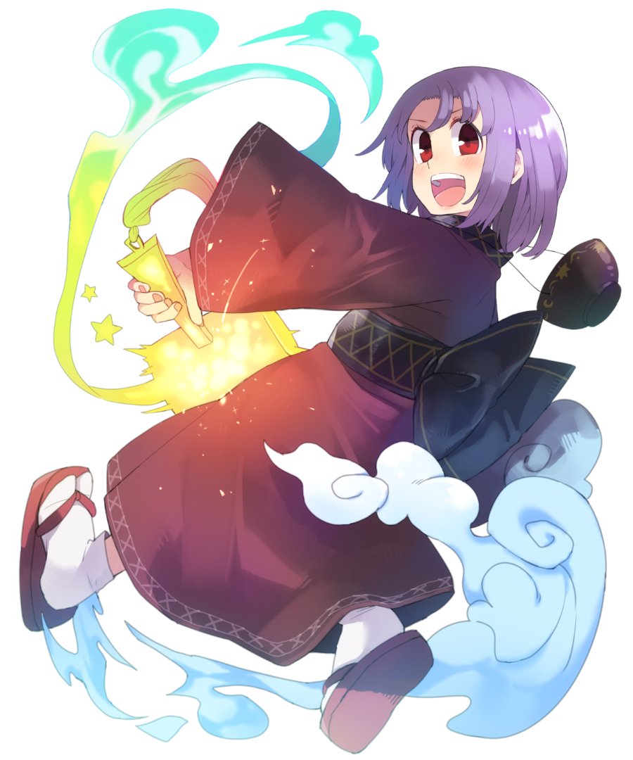 &gt;:d 1girl :d anarogumaaa blush bowl clouds commentary_request full_body glowing looking_at_viewer looking_back miracle_mallet no_hat no_headwear obi open_mouth purple_hair red_eyes red_kimono sandals sash short_hair simple_background smile socks solo star sukuna_shinmyoumaru touhou white_background white_legwear wide_sleeves
