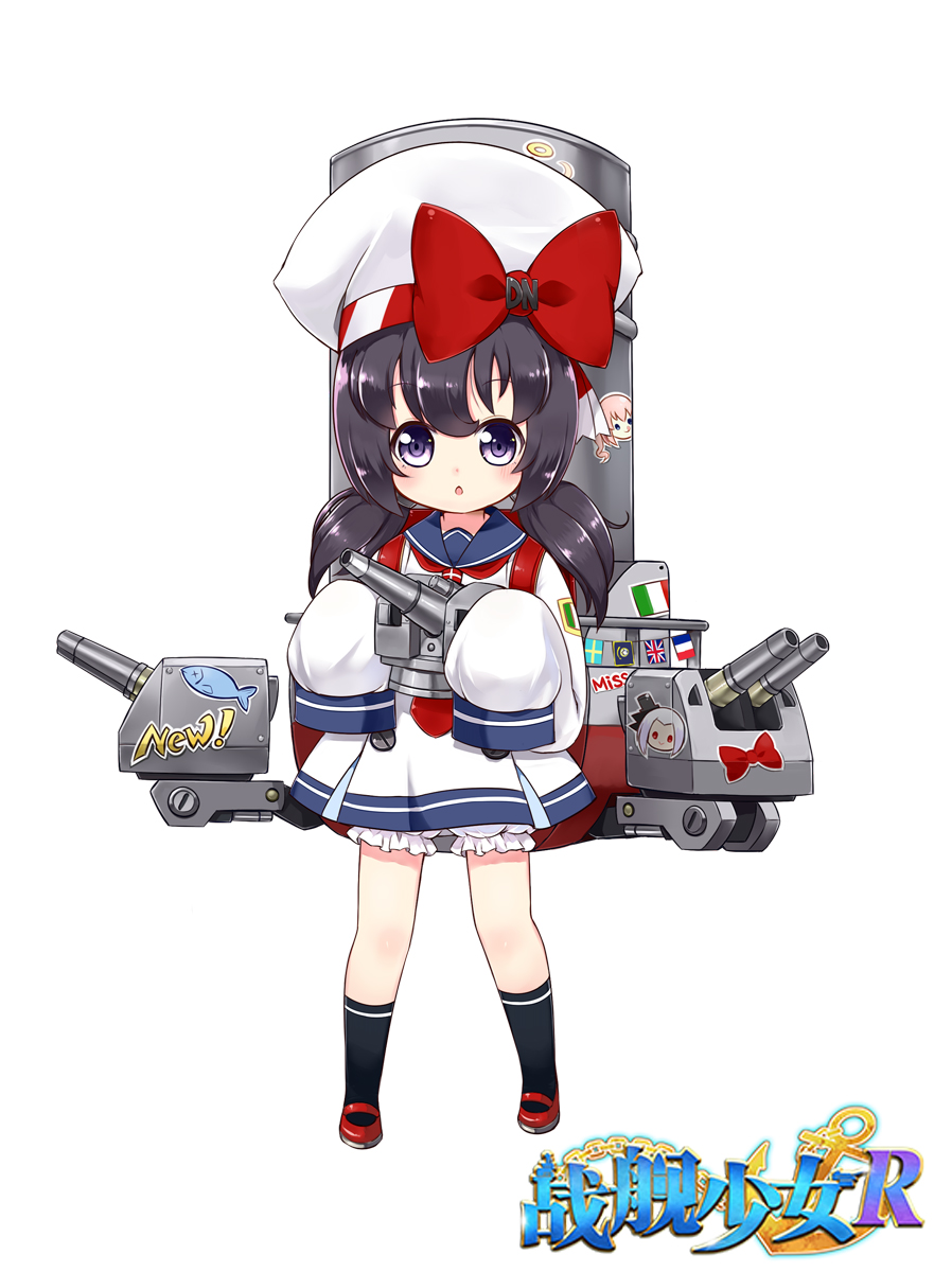 1girl alternate_costume antonio_da_noli_(zhan_jian_shao_nyu) backpack bag black_hair black_legwear bloomers blush bow cannon copyright_name dress flag_of_the_united_states_navy french_flag full_body hat highres holding holding_weapon italian_flag italy linda_b looking_at_viewer machinery official_art open_mouth oversized_clothes randoseru red_bow red_shoes ribbon sailor_collar sailor_dress shirt shoes short_twintails sleeves_past_wrists smokestack socks solo standing sticker striped striped_ribbon swedish_flag transparent_background turret twintails underwear union_jack violet_eyes weapon white_hat white_shirt younger zhan_jian_shao_nyu