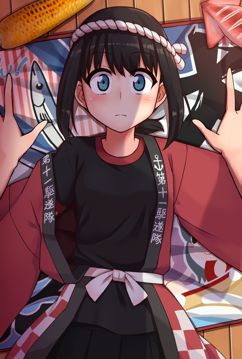 1girl alternate_costume alternate_eye_color black_hair black_shirt black_skirt blue_eyes blush breasts cerasus constricted_pupils from_above from_behind fubuki_(kantai_collection) highres japanese_clothes kantai_collection looking_at_viewer outstretched_arms pleated_skirt shirt short_ponytail sidelocks skirt small_breasts surprised tagme