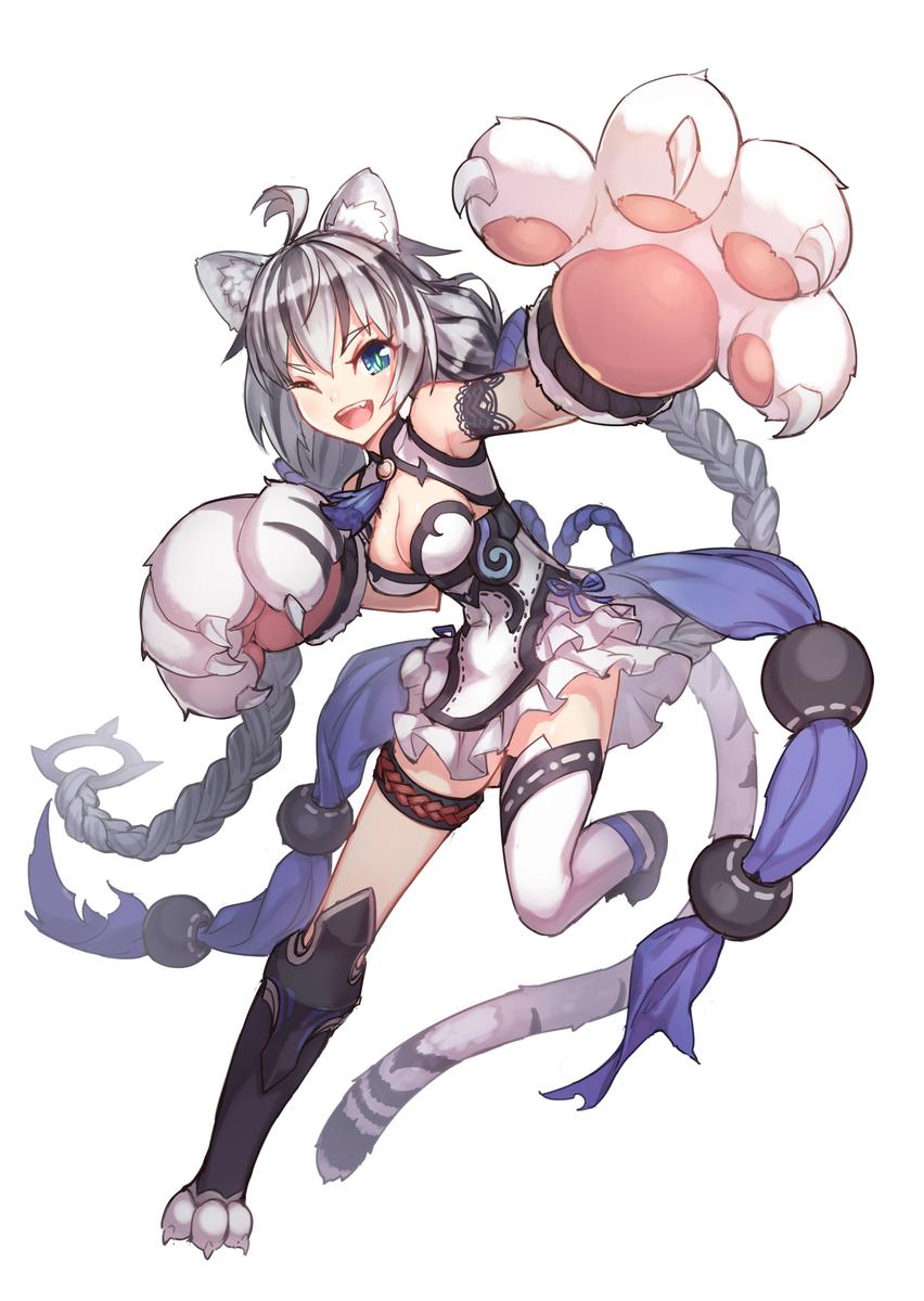 1girl ahegao animal_ears blue_eyes braid breasts claws cleavage dress gloves highres long_hair original paw_gloves paws tail tiger_ears tiger_stripes tiger_tail very_long_hair white_hair wince yellowpaint.