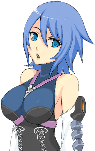 1girl :o aqua_(kingdom_hearts) bangs bare_shoulders blue_eyes blue_hair breasts covered_nipples detached_sleeves hair_between_eyes impossible_clothes kingdom_hearts kingdom_hearts_birth_by_sleep lang_(chikage36) lips looking_away looking_to_the_side medium_breasts no_bra open_mouth ribbon short_hair simple_background solo teeth turtleneck upper_body white_background white_ribbon