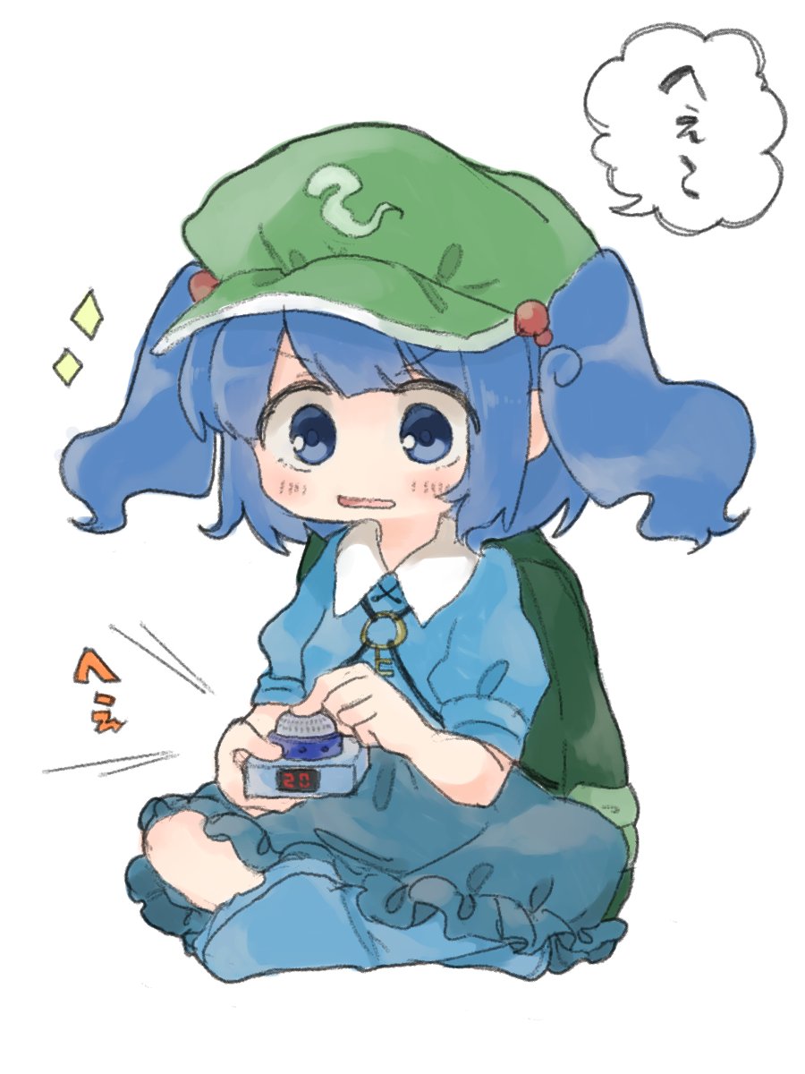 1girl backpack bag blue_eyes blue_hair blush cabbie_hat d: d:&lt; hair_bobbles hair_ornament hat highres indian_style kawashiro_nitori key no_nose open_mouth pressing pushbutton sasa_kichi short_hair sitting skirt solo touhou two_side_up