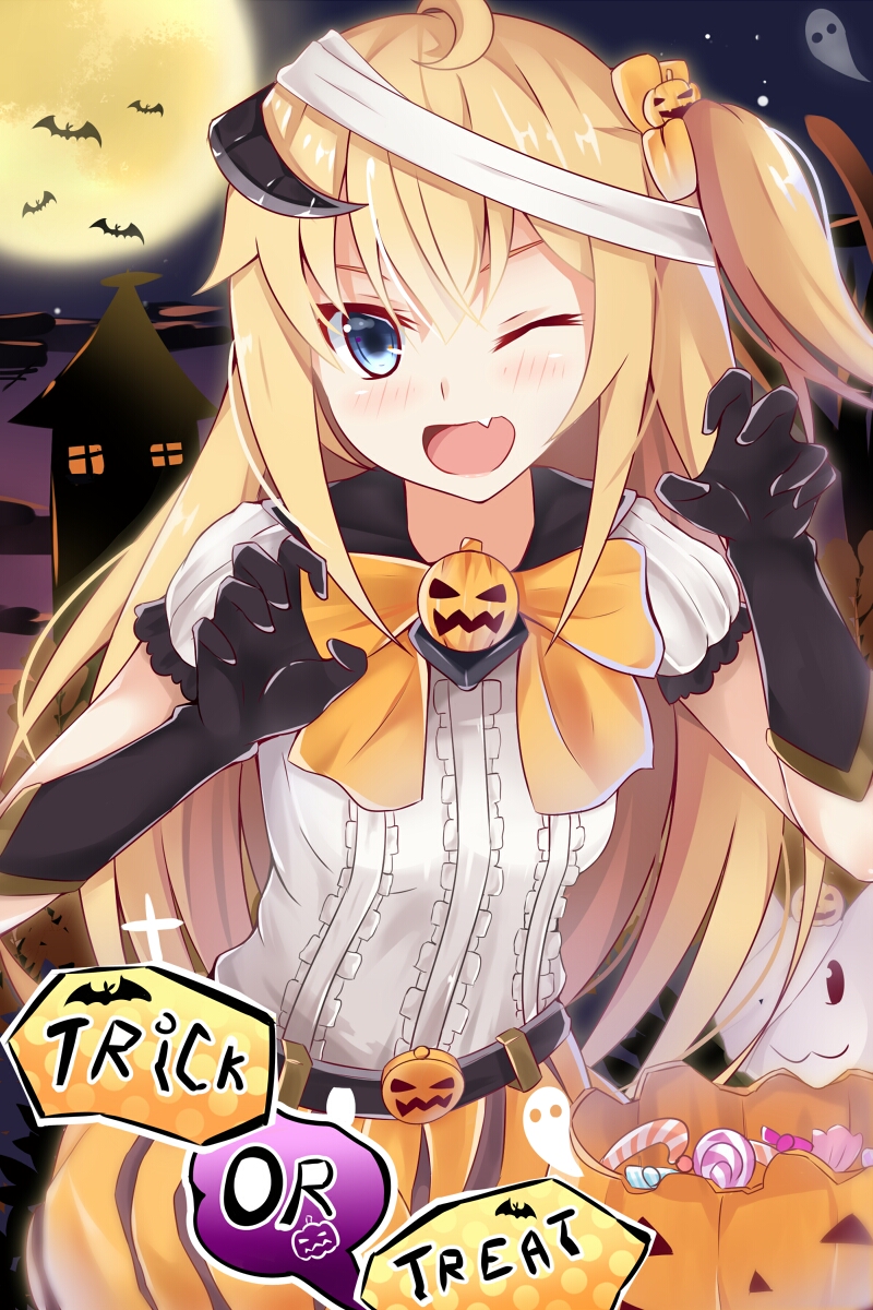 1girl ;d ahoge bandages bat belt blonde_hair blue_eyes bow candy claw_pose elbow_gloves full_moon ghost gloves hair_ornament halloween highres jack-o'-lantern lollipop long_hair looking_at_viewer moon night night_sky one_eye_closed open_mouth original sin-poi sky smile solo star_(sky) starry_sky trick_or_treat