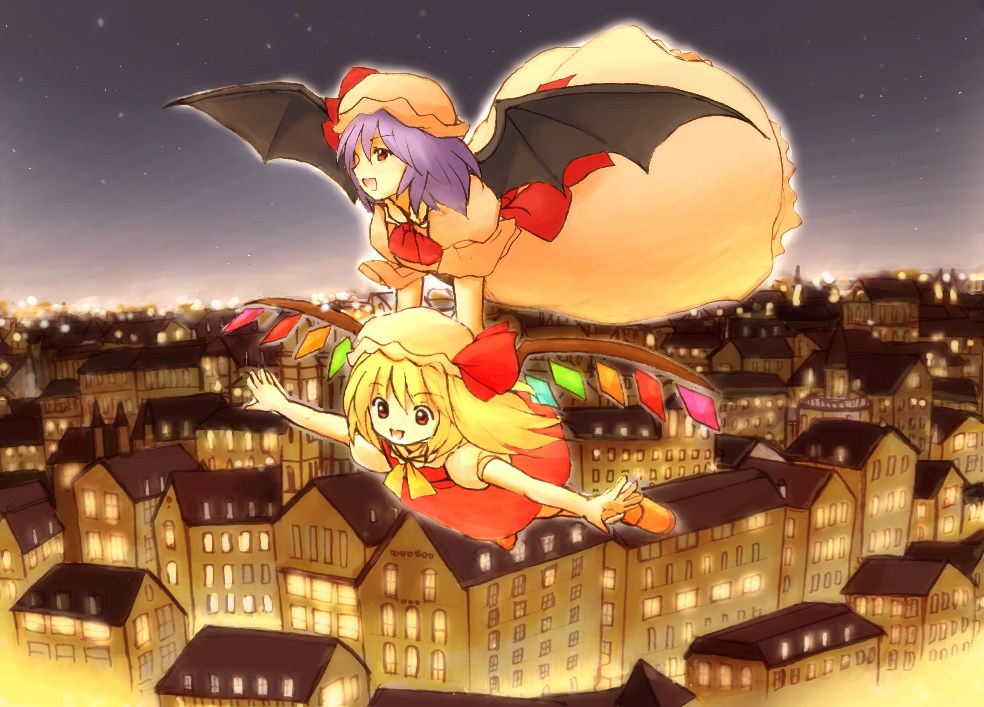 2girls :d ascot bat_wings blonde_hair building carrying collar dress eijima_moko flandre_scarlet flying hat hat_ribbon multiple_girls night night_sky open_mouth outdoors outstretched_arms puffy_short_sleeves puffy_sleeves purple_hair red_eyes remilia_scarlet ribbon short_sleeves siblings side_ponytail sisters skirt skirt_set sky smile spread_arms touhou wings